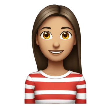 Portrait of an adult girl, tanned skin, dark long straight brown hair, dark eyes, smiling, wearing a white long sleeve with red horizontal thin stripes. sticker