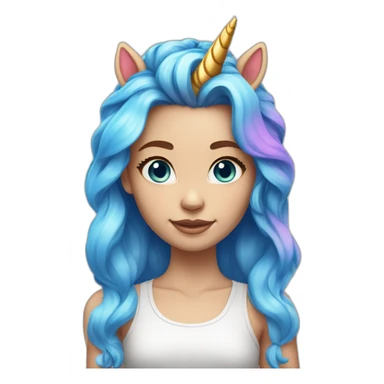 Girl with one unicorn horn on the forehead, and rainbow hair, light white skin tone andblue eyes sticker