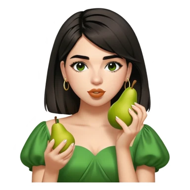 Dua Lipa in the same green dress eating a pear sticker