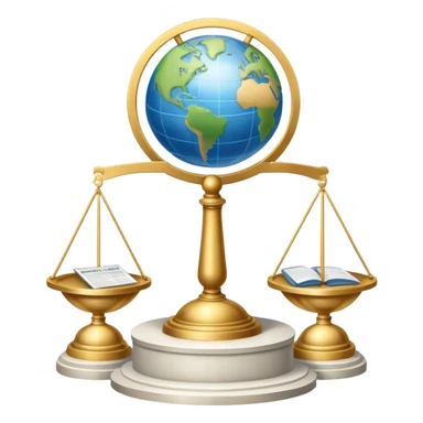 An icon featuring a podium with microphones, scales of justice, and a government building, symbolizing political science. The design includes a globe and voting ballot to represent global politics and civic participation. Transparent background highlights governance, policy, and political analysis. sticker