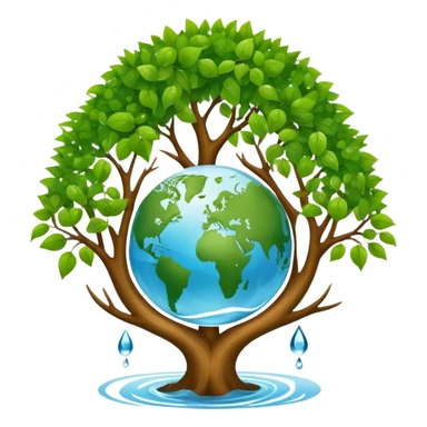 An icon featuring a tree, a recycling symbol, and a globe, representing ecology. The design includes green leaves, a water droplet, and wildlife, symbolizing the study of ecosystems, sustainability, and environmental protection. Transparent background. sticker