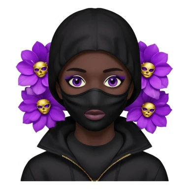 no visible face non human cartoon character related to a shadow, with all black clothes, focusing a black hoodie, and a black versace face mask covering his entire face, just his purple shadow eyes making a light bloom sticker