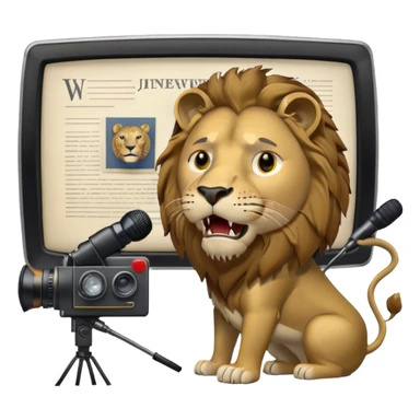 Icon for Documentary TV Show: A TV screen with a microphone, books, historical documents and scientific symbols. Include a roaring lion or other animal, interview setup with a camera and a serious-looking news anchor or narrator. Transparent background. sticker