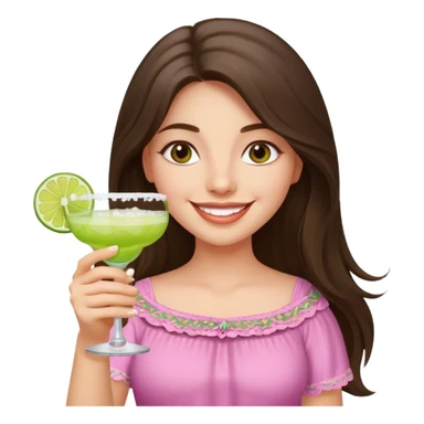 happy long haired brunette girl hazel eyes in light pink holding a margarita   sticker