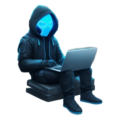 Hacker behind his laptop with this style : crysis Cyberpunk Valorant neon glowing bright blue character blue black hooded assassin themed character sticker