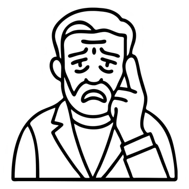 Make the frustrated bearded man look older with wrinkles and gray hair. Keep the tense expression and gesture. Remove background. sticker