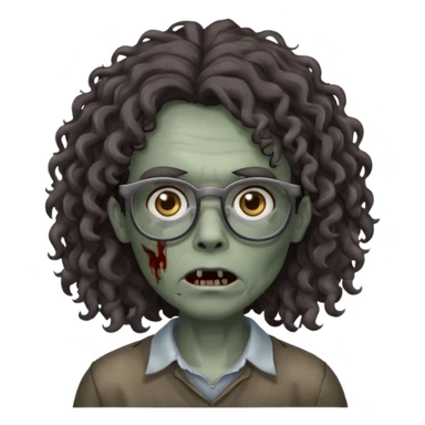 make a zombie with grey skin and long dark brown curly hair and glasses sticker