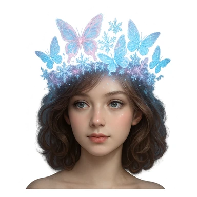 Change the butterfly crown to icy pink with blue and white butterflies, snowflake details, and a frosty glow. Keep the background transparent. sticker