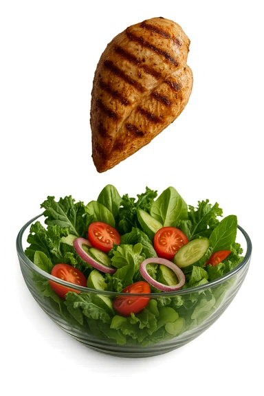 INSALATA CON PETTO DI POLLO GRIGLIATO CHE CADE DALL'ALTO, IPERREALISTICO 4K sticker