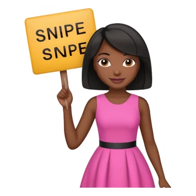 Dark skin woman with black bob in hair holding sign that says snipe  wearing pink dress  sticker