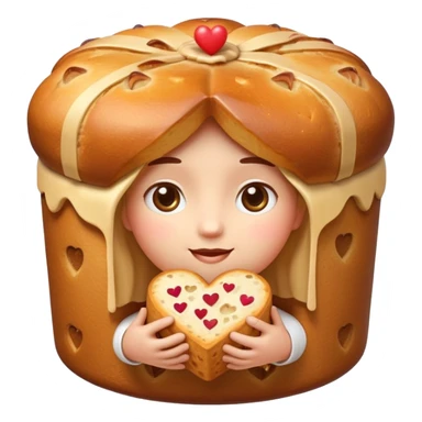 Apple-style emoji illustration of a cute face with dreamy eyes hugging a traditional panettone, small hearts floating around, soft 3D emoji style, smooth gradients, rounded shapes, warm festive colors, simple expression, centered composition, transparent background, no text. sticker