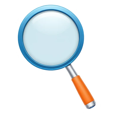 A stylized blue magnifying glass tilted right, flat design, minimalist, vibrant orange handle, white circular background, high resolution, 2048x2048 pixels, vector art, clean lines sticker