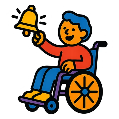 person in a wheelchair ringing a bell, vibrant cartoon style sticker