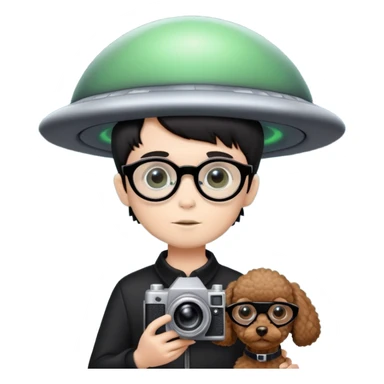 A little boy with straight black medium-length hair, white skin, and black eyes wearing black-framed glasses is taking photos on a UFO with a camera. Beside him, there is an alien and a brown round-headed poodle. sticker