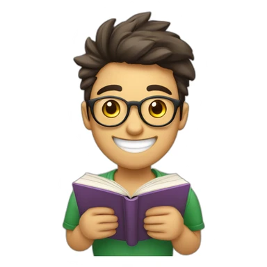 joven estudiante con todossus libros que son muchos, de piel blanca muy feliz y sonriente con un libro en sus manos  sticker