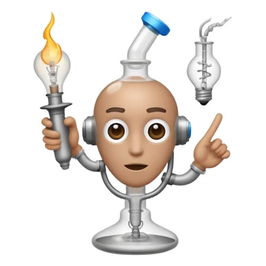 AI character hitting a transparent glass bong, looking inspired, with creative idea icons like lightbulbs and sparks around, no fruit sticker
