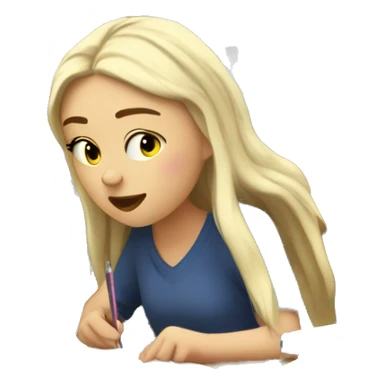 A tired white girl student writing an outline amongst books and a computer   sticker