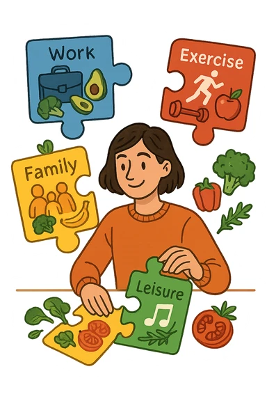 a person is surrounded by puzzle pieces, each representing a different aspect of their life (work, exercise, family, leisure), and healthy foods are integrated into each piece. The person assembles the puzzle, creating a complete, personalized nutrition plan. The mood is uplifting and creative. in italiano sticker