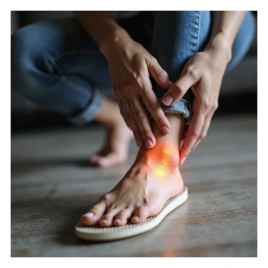 adult woman with foot and knee pain, orthopedic insole clearly visible in shoe, suffering expression, realistic style, neutral environment sticker