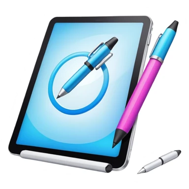 Computer graphics icon, digital design tools like a stylus, tablet, computer image on screen, vibrant colors, minimalistic style, clean lines, transparent background. sticker