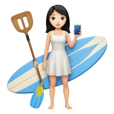 Princess who wearing white dress (woman) black hair holding her phone and long shovel with another hand. She is standing on her feet, there is one blue surfing board. sticker