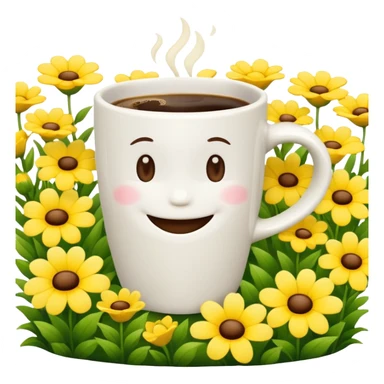 Coffee cup smiling in a garden of yellow flowers  sticker