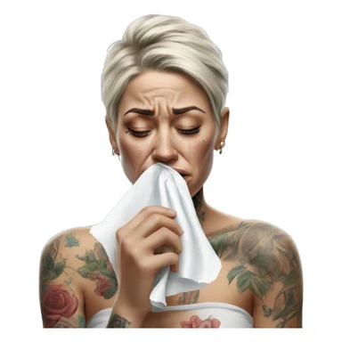 Hyper Realistic Beautiful tattooed woman crying holding a tissue   sticker