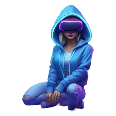 Create a 3D model of a Russian girl wearing a blue "OMG" hoodie and VR headset in a cyberpunk VR environment with violet neon lighting. sticker