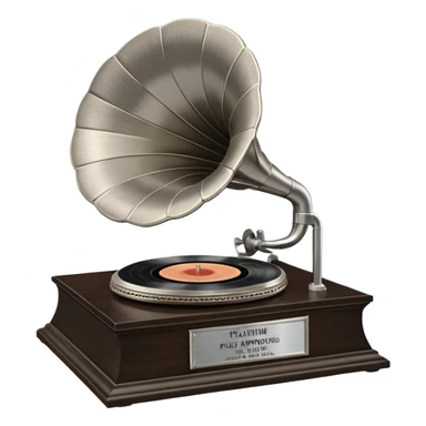 A platinum music award plaque: a square, polished platinum plate with a subtly textured, mirror-like finish, mounted on a simple dark wood base. The center features a relief of a vintage gramophone or stylized vinyl record in a slightly darker metallic tone.  sticker