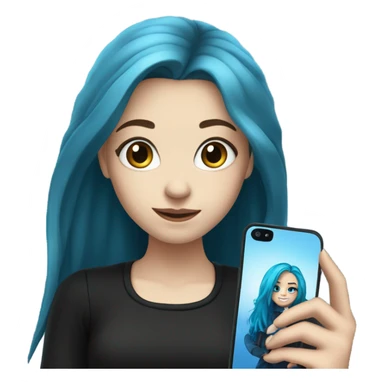 white skin girl with long blue hair in black clothes taking a selfie sticker