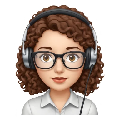 White female  Long Brown curly hair  Dark brown eyes  
 Small Square glasses  Headset  sticker