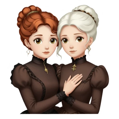 Two Victorian women with light eyes hugging closely, one with elegant white coiffed hair and one with dark copper coiffed hair, both wearing high-necked Victorian turtleneck dresses sticker
