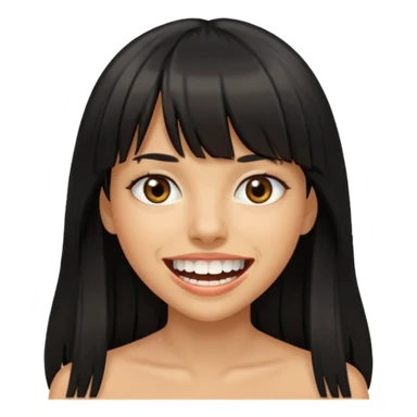 Woman a little tan with long black hairs and bangs, appearing teeth sticker