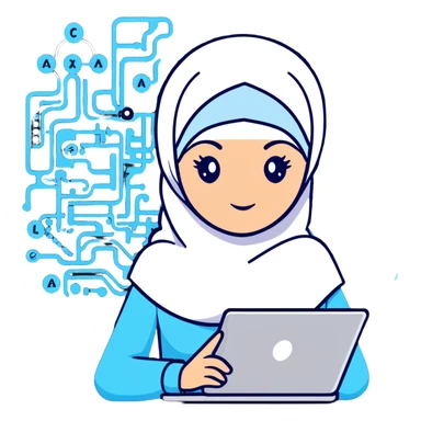 computer science woman with white hijab in blue outfit, with floating code elements, programming syntax, algorithms visualization, database schemas, software design patterns, command line interfaces, binary trees, and computational formulas surrounding her sticker