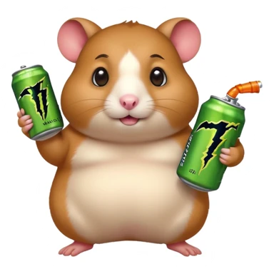 Funny cartoon-style fat hamster wide eyed holding a can of monster energy in one hand and redbull in the other hand sticker