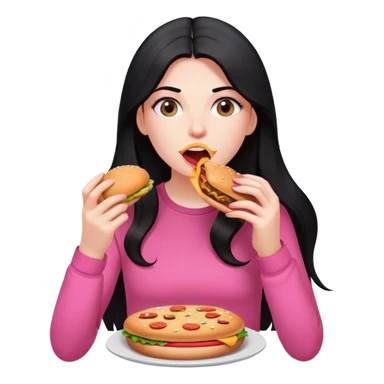 White girl in pink clothes and long black hair eating burger and pizza sticker