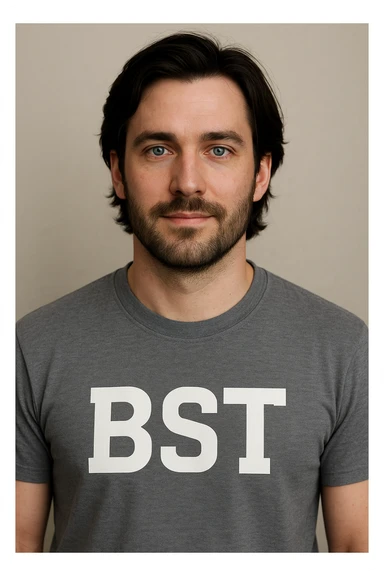 male avatar, 30 years old, Caucasian, white skin, dark medium-length hair, blue eyes, chest-up view, shirt displays 'BST' text sticker