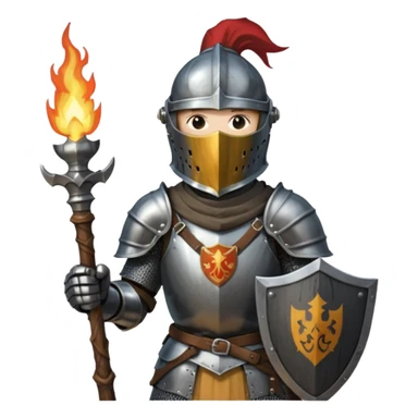 knight holding a short wooden torch in hand wearing darker, realistic iron armor, and a closed slitted helmet in dark souls style sticker