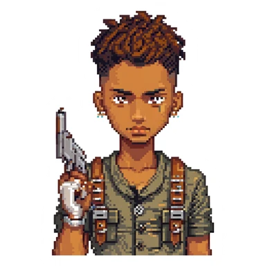 brown-skinned boy with low taper fade, coily hair, septum piercing, two eyebrow slits on left eyebrow, long nose bridge, button nose, holding a gun, serious face, pixel art style sticker