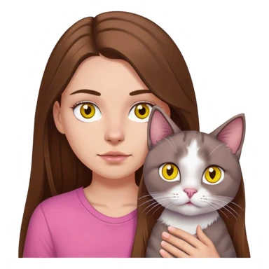 white girl with long brown hair and brown eyes with a septum piercing wearing a pink shirt holding a gray cat with yellow eyes  sticker