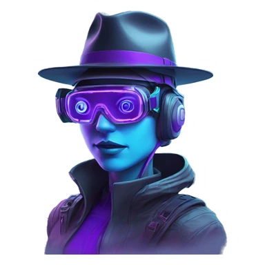 Secret human agent in a hat with  cyberpunk elements in Apple VR googles headset scanning looking reviewing multicolor lines of code, cyan and purple colors, only upper body portrait sticker