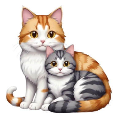 full body colourful light patched calico + white tabby cat cuddling a large dark grey and white tabby cat  sticker