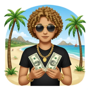 Mixed-race person with curly hair, black t-shirt, gold chain necklace, holding dollar bills in both hands, wearing black sunglasses, beach with palm trees in background sticker