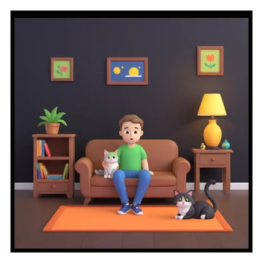 boy and cat pet, living room background sticker