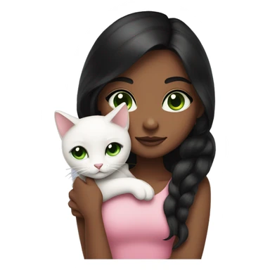 Light brown skin girl with long black hair and black eyes wearing pink hugging or holding a white cat with green eyes sticker