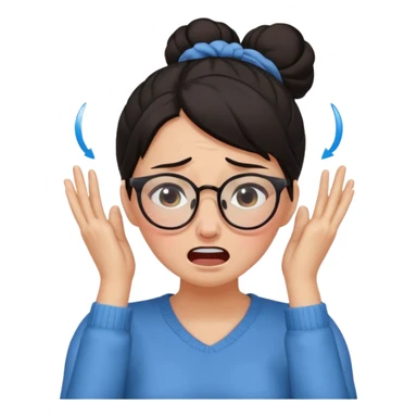 dark haired woma with hair a high bun, wearing glasses covering ears and crying sticker