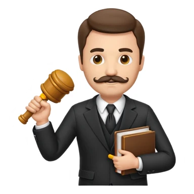 “Create a clean, modern emoji-style illustration of a male lawyer. He is wearing a formal suit jacket. He is holding a judge’s gavel in one hand and has a law book tucked under his arm. He has a mustache and beard! sticker