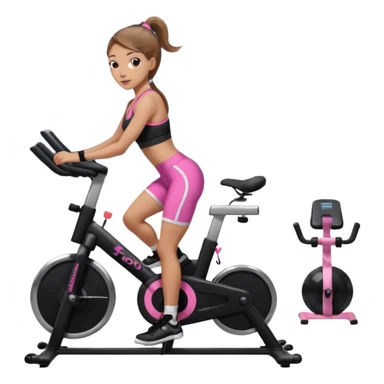 Light skin girl with long light brown hair in a pony tail, black workout set leaning on a indoor spin bike with NO HELMET, can we add a pink sports bra  sticker