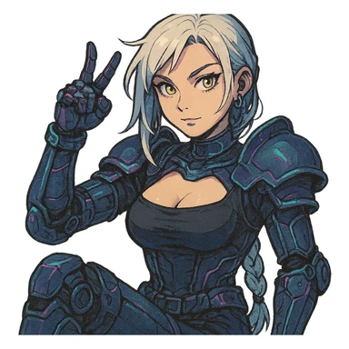  she is wearing armor, maximum power , except instead she's giving a victory salute, a closeup portrait of young woman with gold yellow eyes, white hair, long braid, black off-shoulder top d-cup, punk gothic style, futuristic cyberwave cyberpunk, sitting position
 sticker