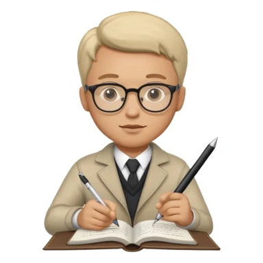 man hold a pen in hand write in book , wearing glasses sticker